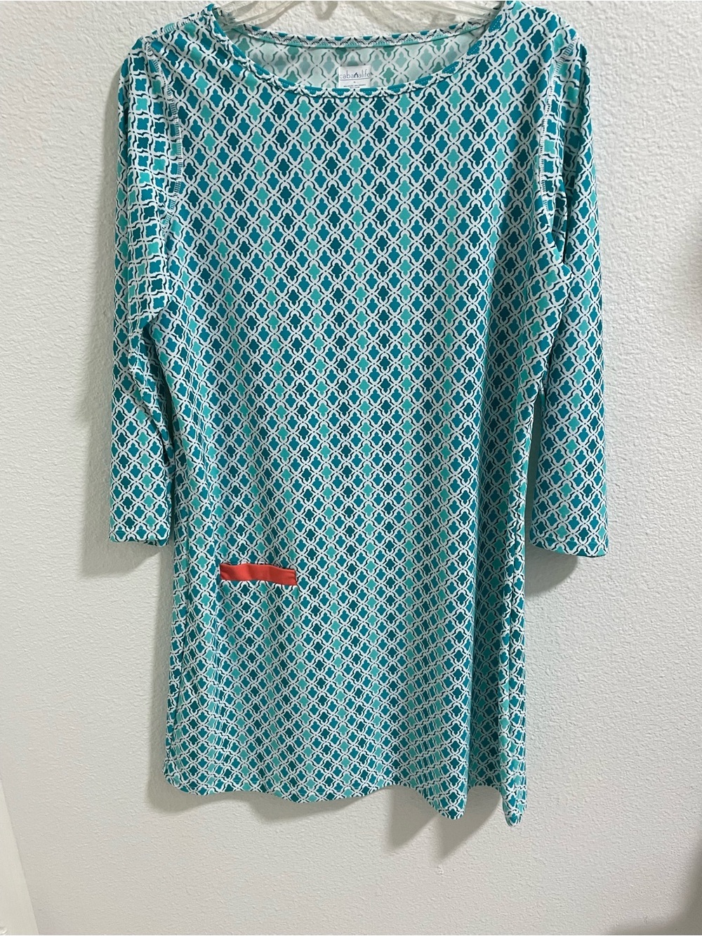 Cabana Life Teal and White Geometric Swim Coverup with Coral Accent